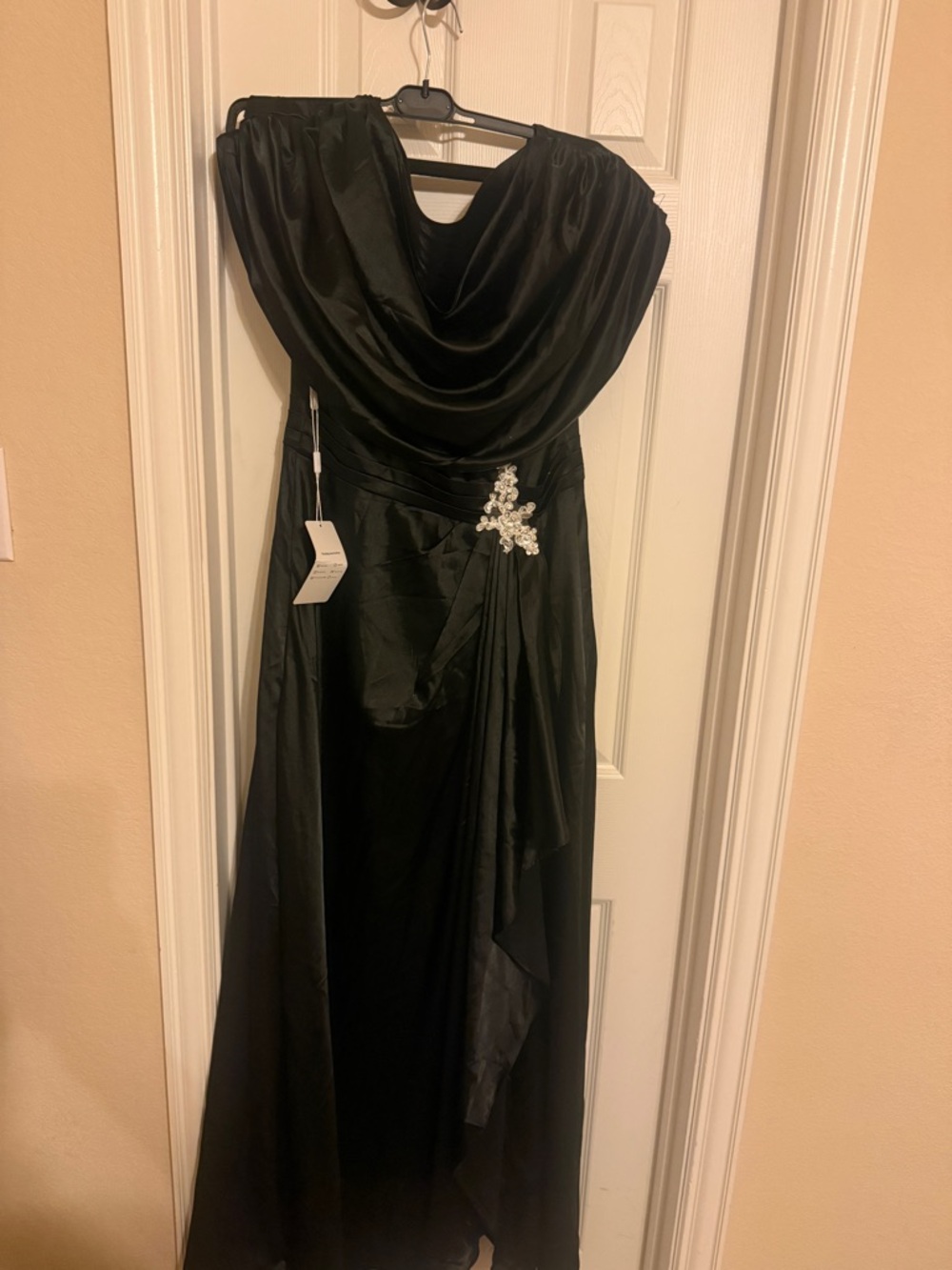 Elegant Black Satin Evening Dress with Draped Neckline